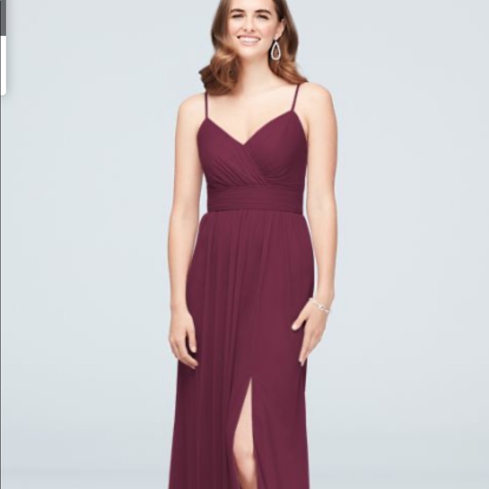 Spaghetti Strap Ruched Waist Mesh Bridesmaid Dress